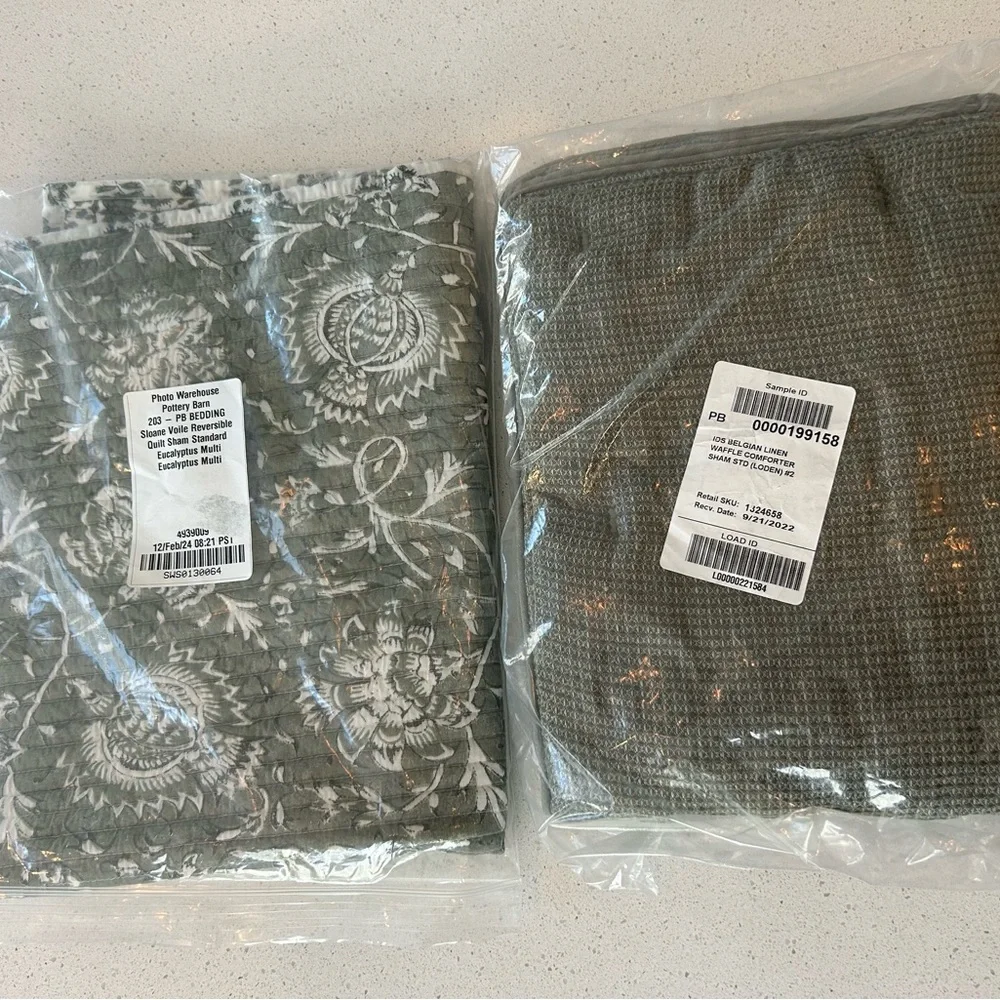 Set of 2 Pottery Barn Sloan Voile Sham & Belgian Linen Waffle Standard Shams